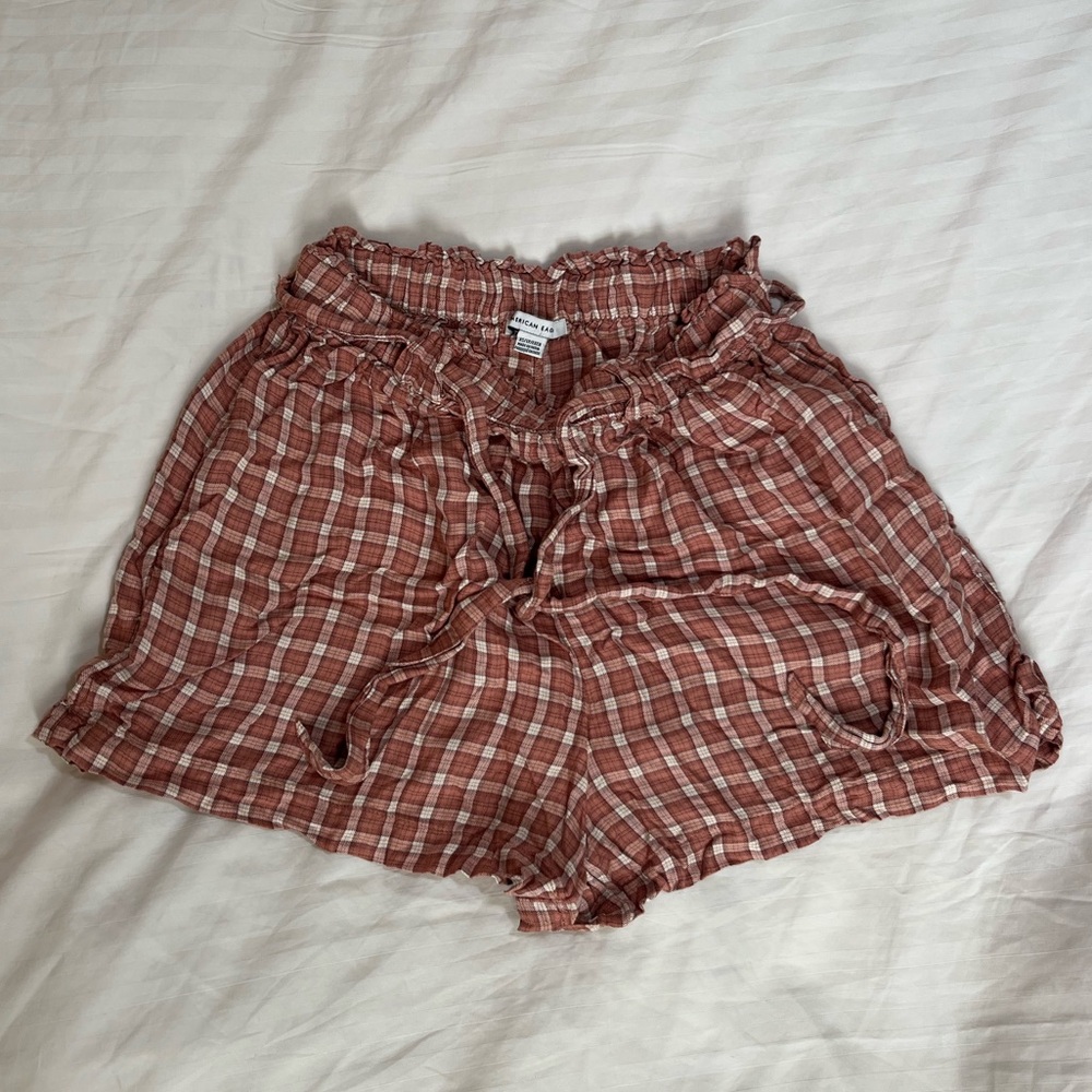 American Eagle Outfitters High Waist Plaid Shorts in Brown/Orange and Cream
